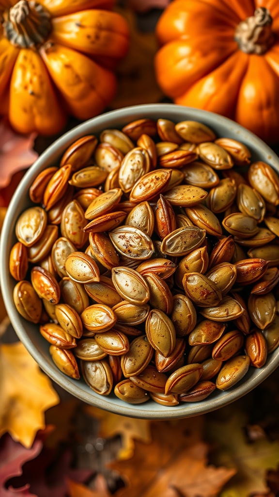 A delicious bowl of roasted pumpkin seeds seasoned with spices, with a few pumpkins in the background.